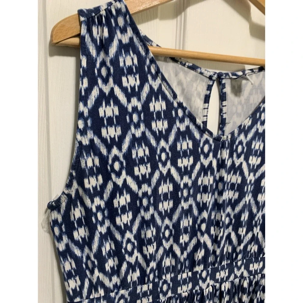 Old Navy Sleeveless Midi Dress 1X Plus Blue White‎ Ikat Geometric V-Neck Boho